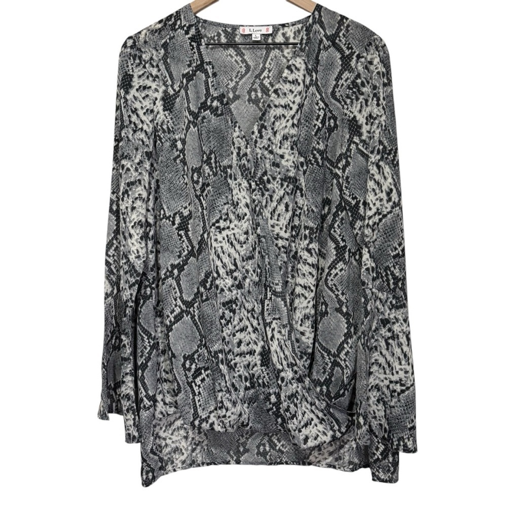 L Love Semi Sheer Snake Print Crossover Blouse Bell Sleeves Office Size Large